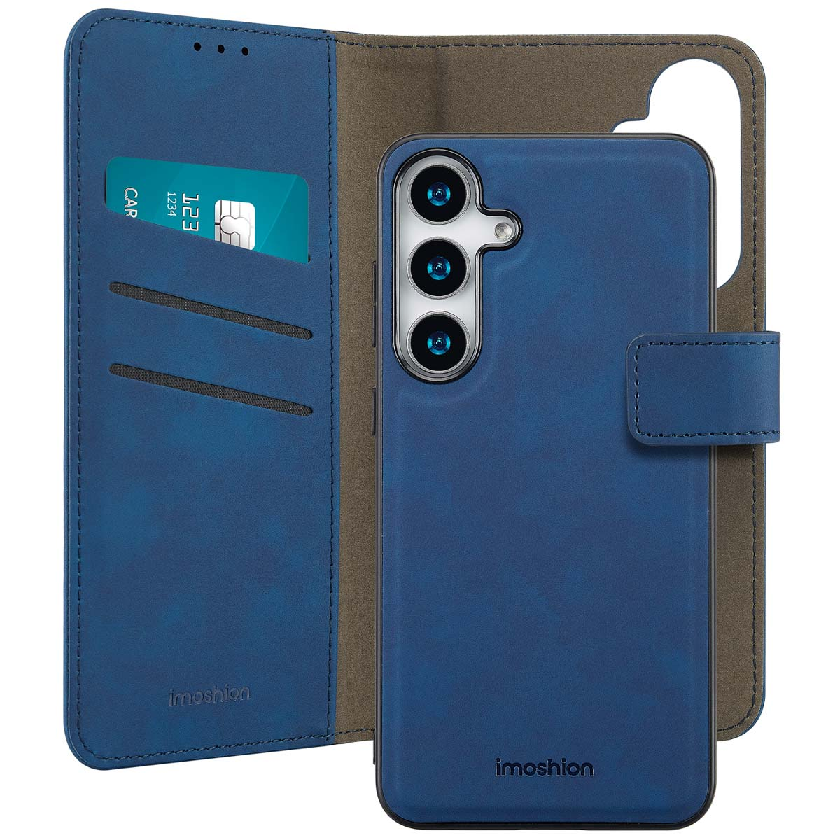 Blauwe leren telefoonhoes, open, met telefoon en kaartsleuf. imoshion-merk zichtbaar.