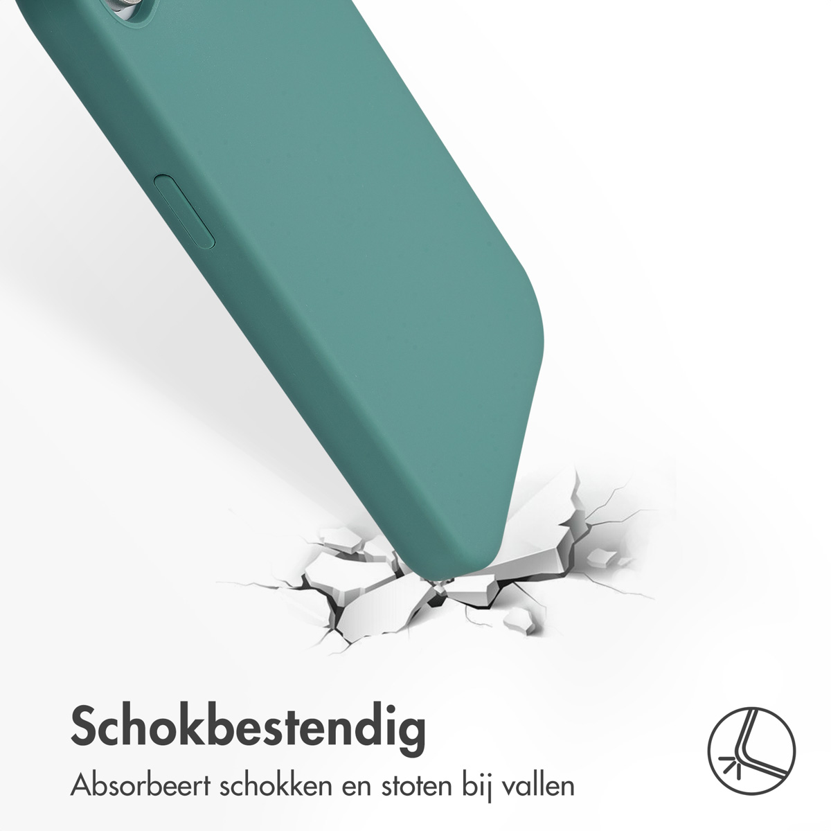 Een blauwgroene telefoonhoes valt en barst de grond eronder. Tekst: Schokbestendig.