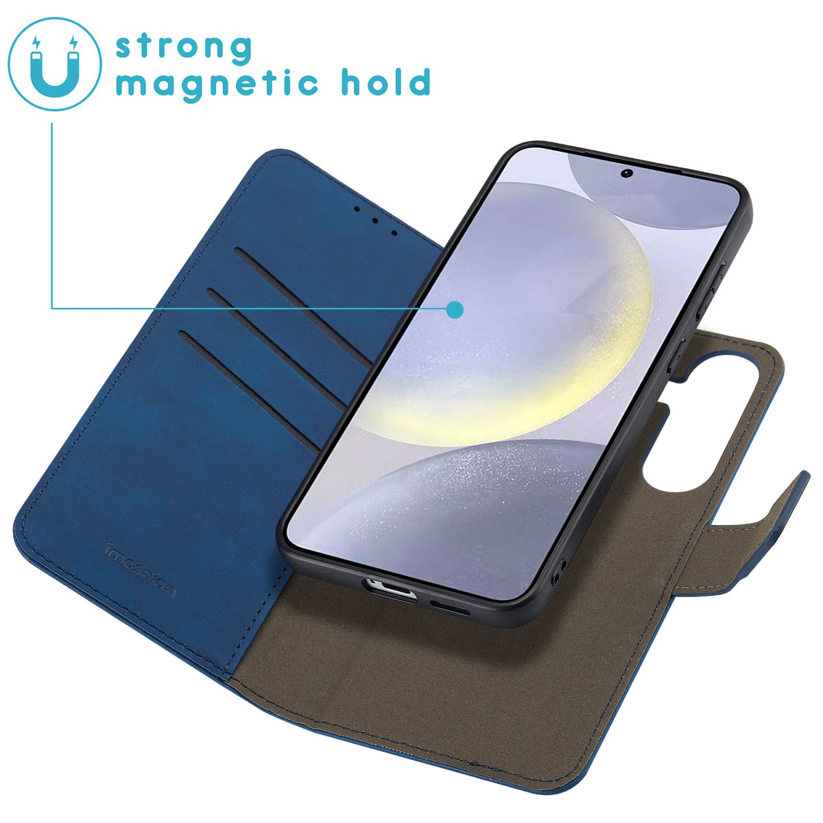 Blauwe telefoonhoes met een telefoon. De hoes is open en toont een magnetische houder.