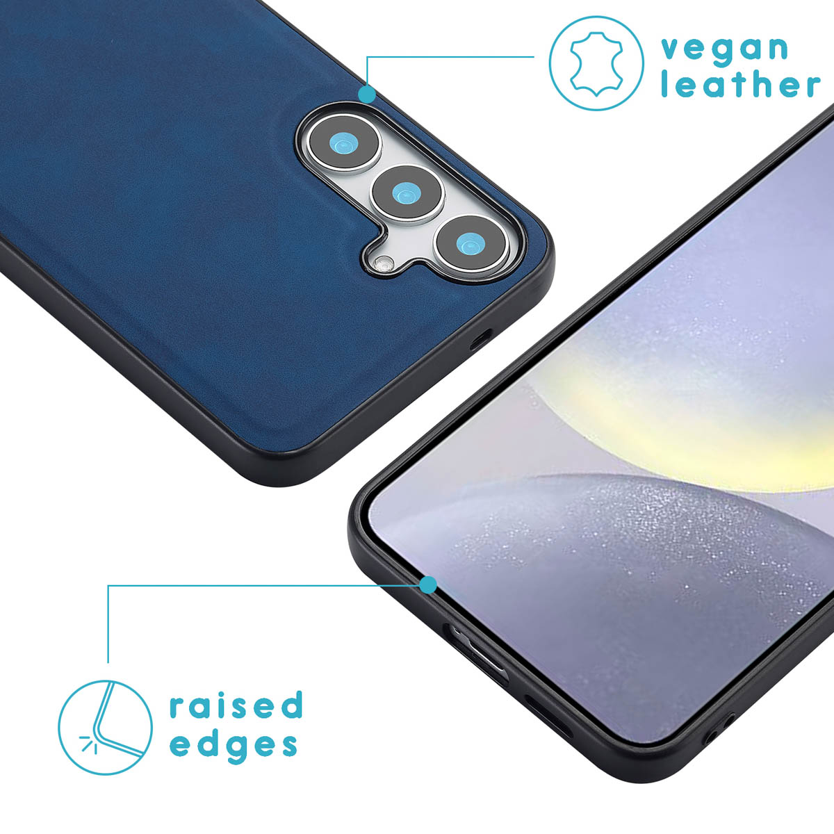 Blauwe vegan leren telefoonhoes met opstaande randen. Telefooncamera en scherm zijn zichtbaar.
