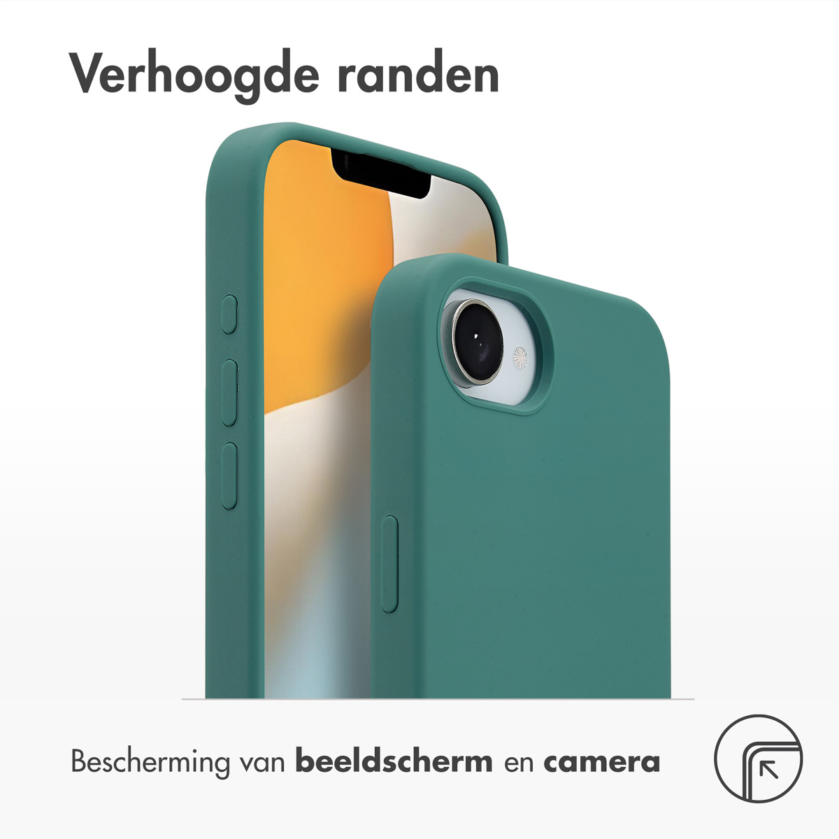 Twee telefoonhoesjes in teal. Eén hoesje zit op een telefoon. De andere is een close-up. Tekst: scherm- en camerabescherming.