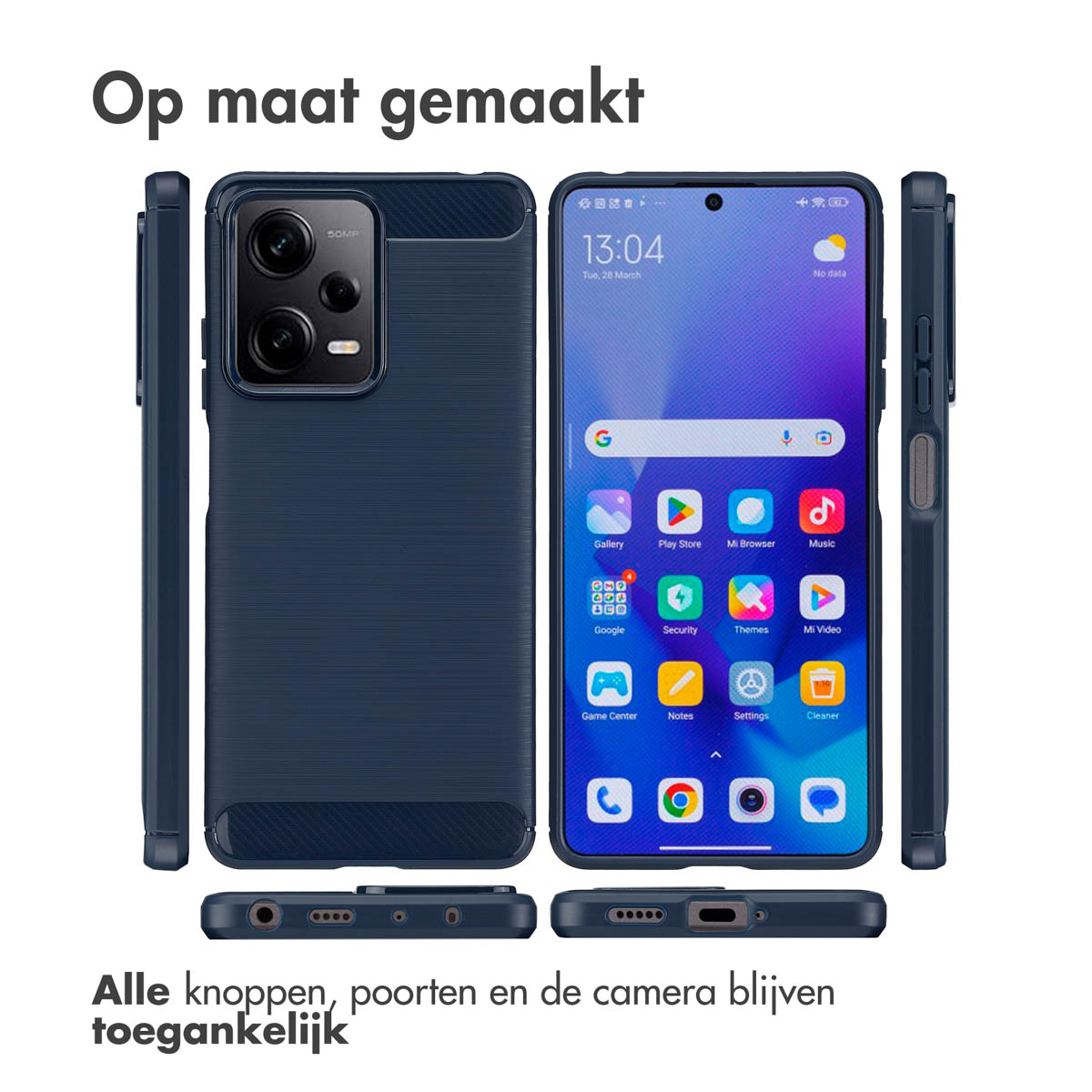 Coque de téléphone bleue avec un téléphone à l'intérieur. Différents angles de la coque sont montrés.