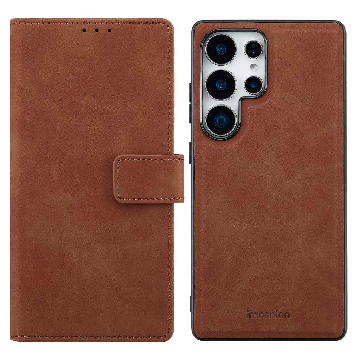 Bruine leren telefoonhoes, open en dicht, met telefoon zichtbaar. De hoes is bruin en heeft een magnetische sluiting.