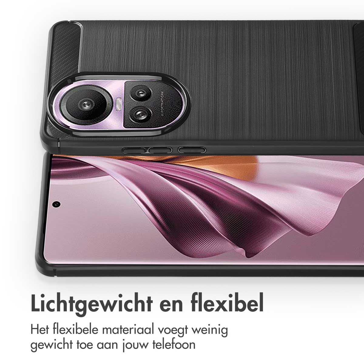 Custodia nera per telefono con design strutturato, primo piano che mostra i dettagli della fotocamera.
