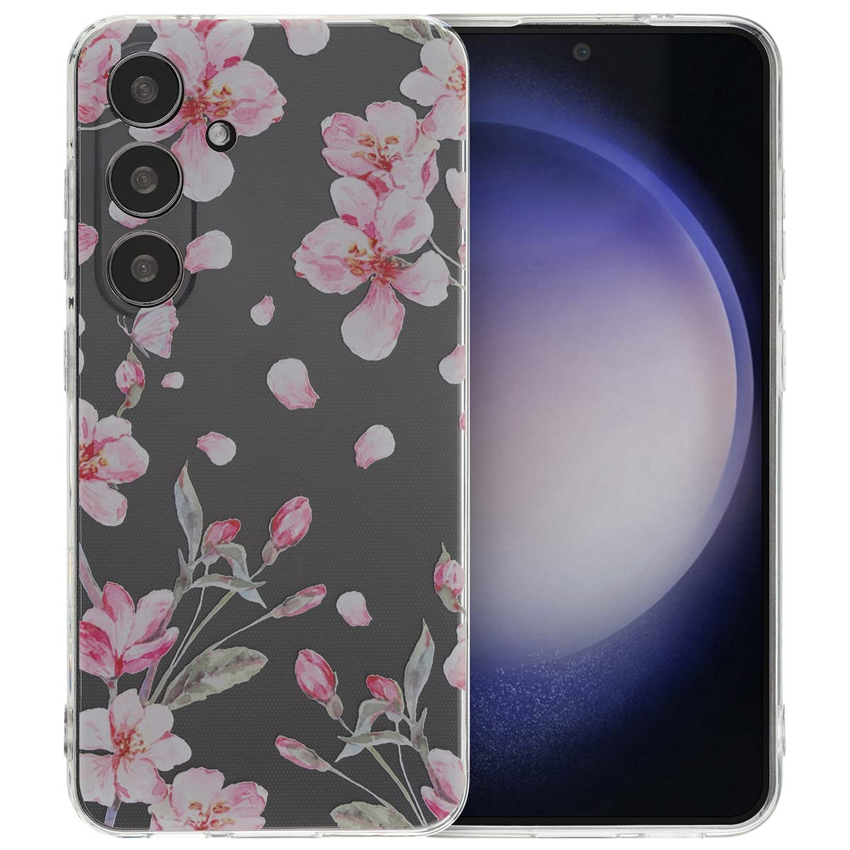 Transparante telefoonhoes met roze bloemenontwerp. De telefoonhoes zit over een telefoon met een donkergrijs scherm. Bloemblaadjes zijn zichtbaar.