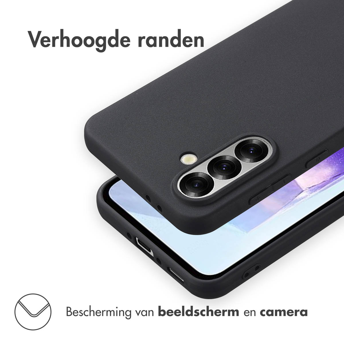 Une coque de téléphone noire avec un téléphone. L'étui est ouvert et a des bords surélevés.