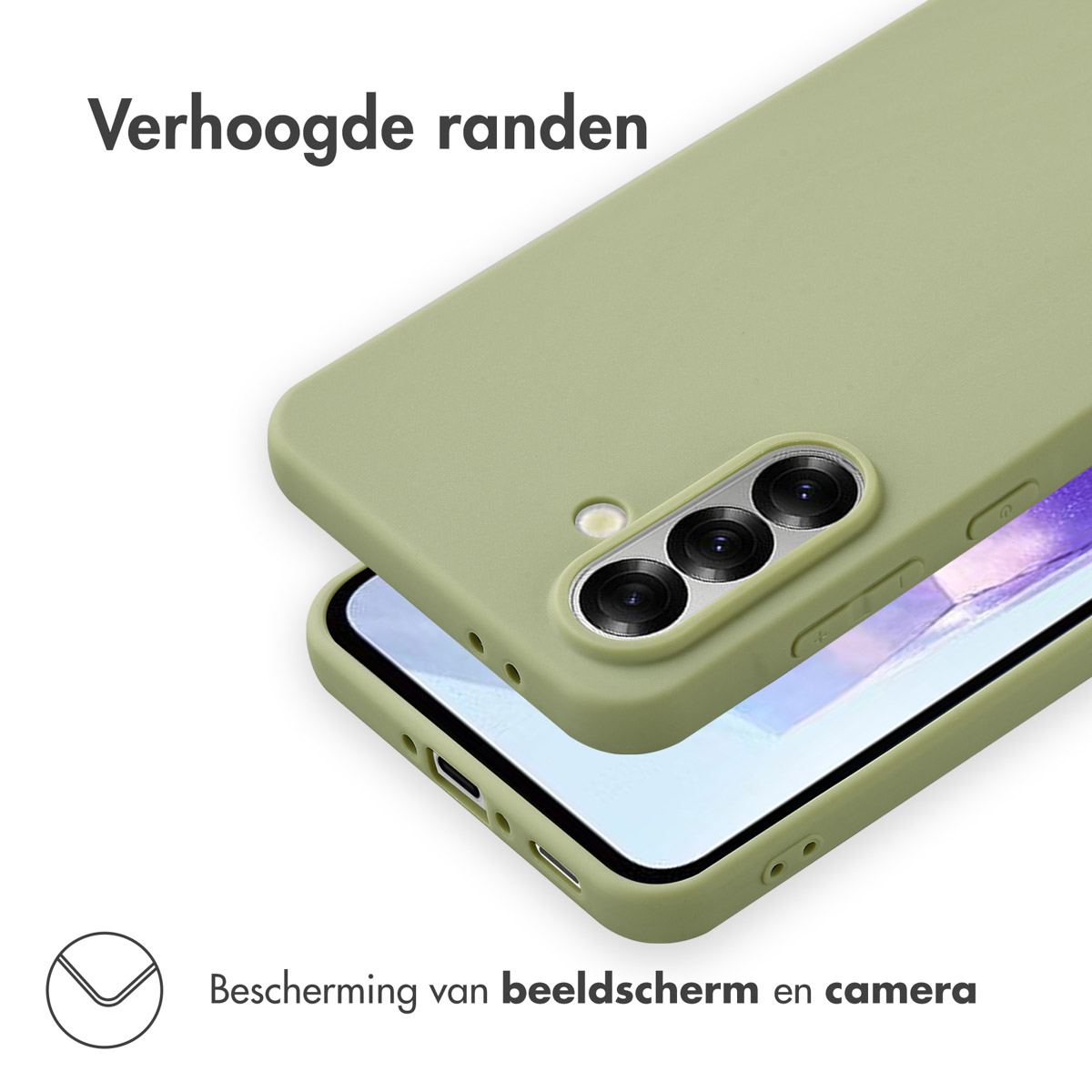 Een telefoon met een olijfgroene hoes en verhoogde randen op een witte achtergrond.