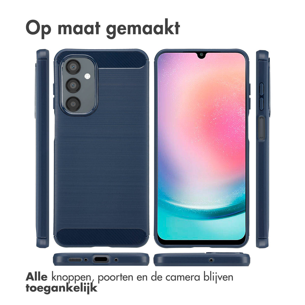 Marineblauwe telefoonhoes met telefoon. Toont alle kanten, inclusief boven-, onder- en zijkanten. Knoppen en poorten zijn toegankelijk.