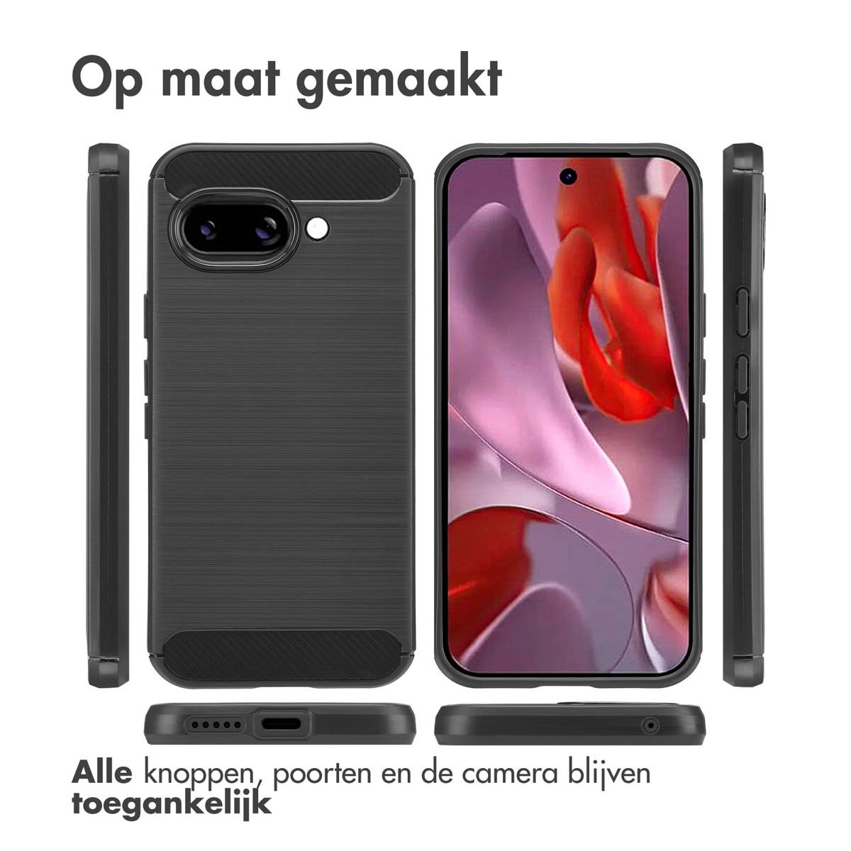 Téléphone noir avec un étui noir. Vues latérales. Texte : Alle knoppen, poorten en de camera blijven toegankelijk.