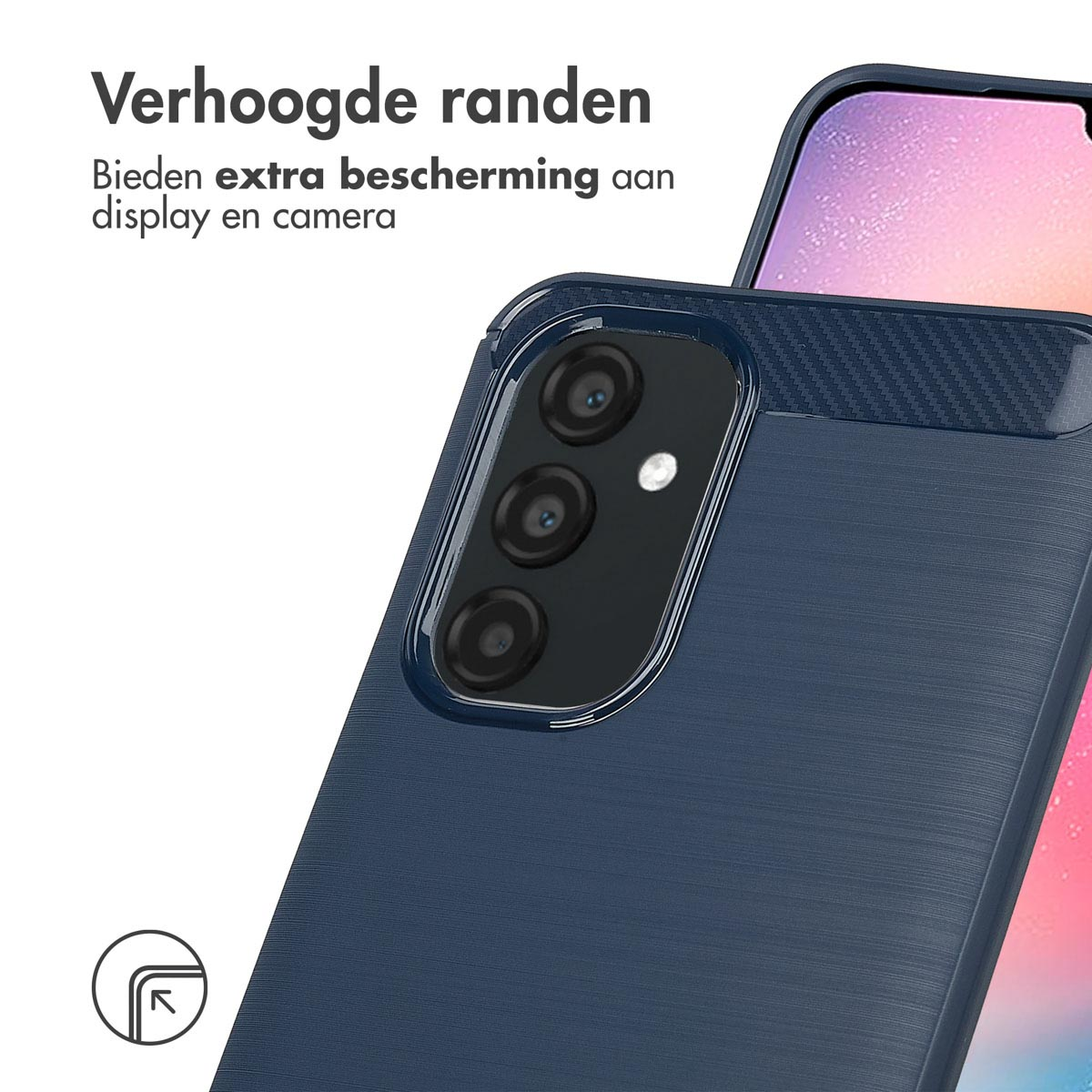 Marineblauwe telefoonhoes met textuurdesign. Verhoogde randen beschermen scherm en camera.