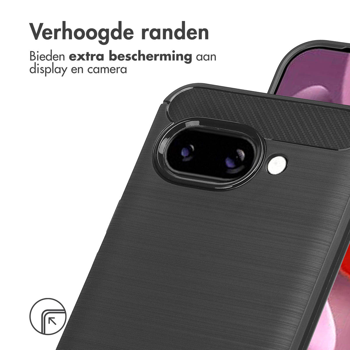 Une coque de téléphone noire avec un téléphone. L'étui est ouvert et a des bords surélevés.