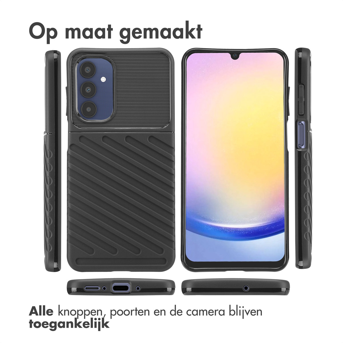 Zwarte telefoonhoes met telefoon erin. Tekst: Op maat gemaakt. Alle knoppen, poorten en camera blijven toegankelijk.