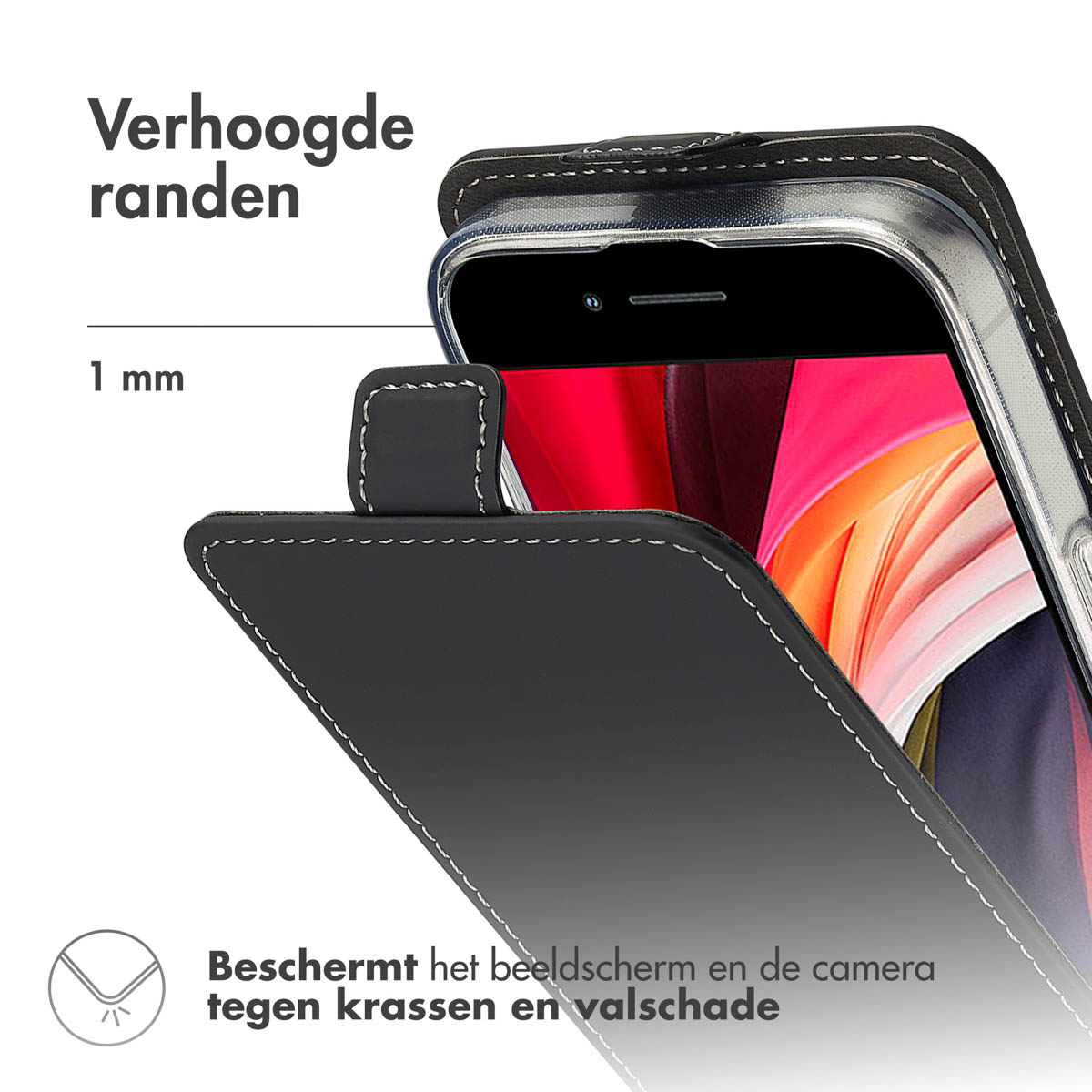 Une coque de téléphone protégeant l'écran. L'étui est noir avec une couture blanche.