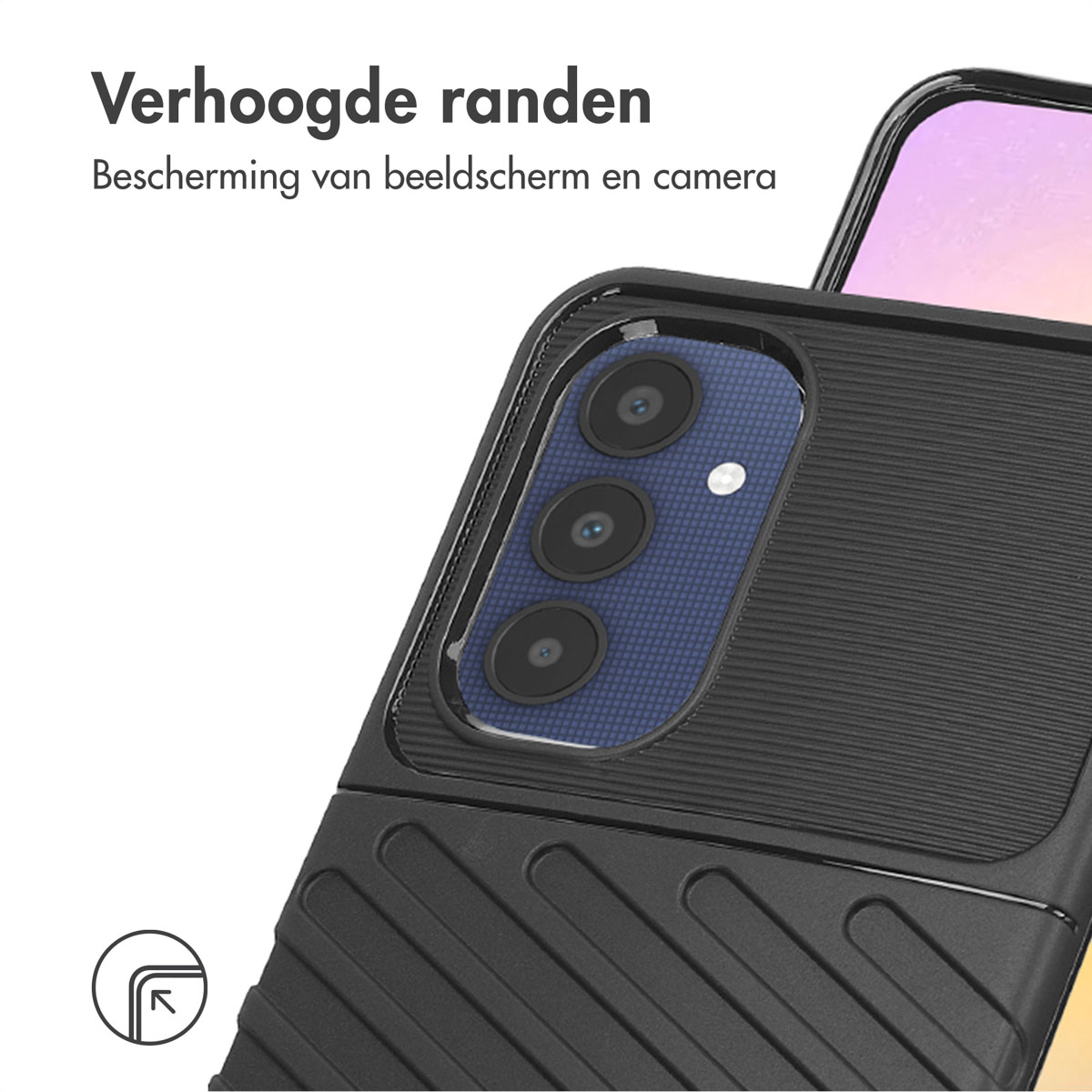 Zwarte telefoonhoes met zichtbare camera, met een gedetailleerd beeld van het ontwerp.