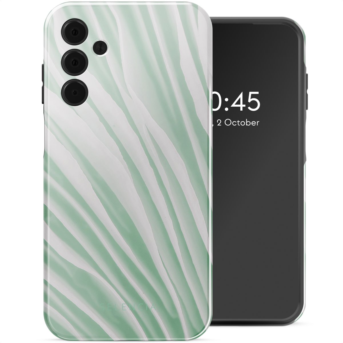 Een telefoon met een groen en wit golfpatroon hoesje, naast de telefoon zelf.