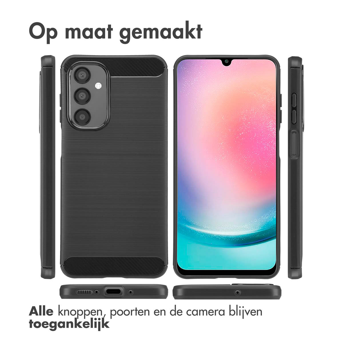 Meerdere aanzichten van een telefoon met zwarte hoes. Alle knoppen, poorten en camera toegankelijk.