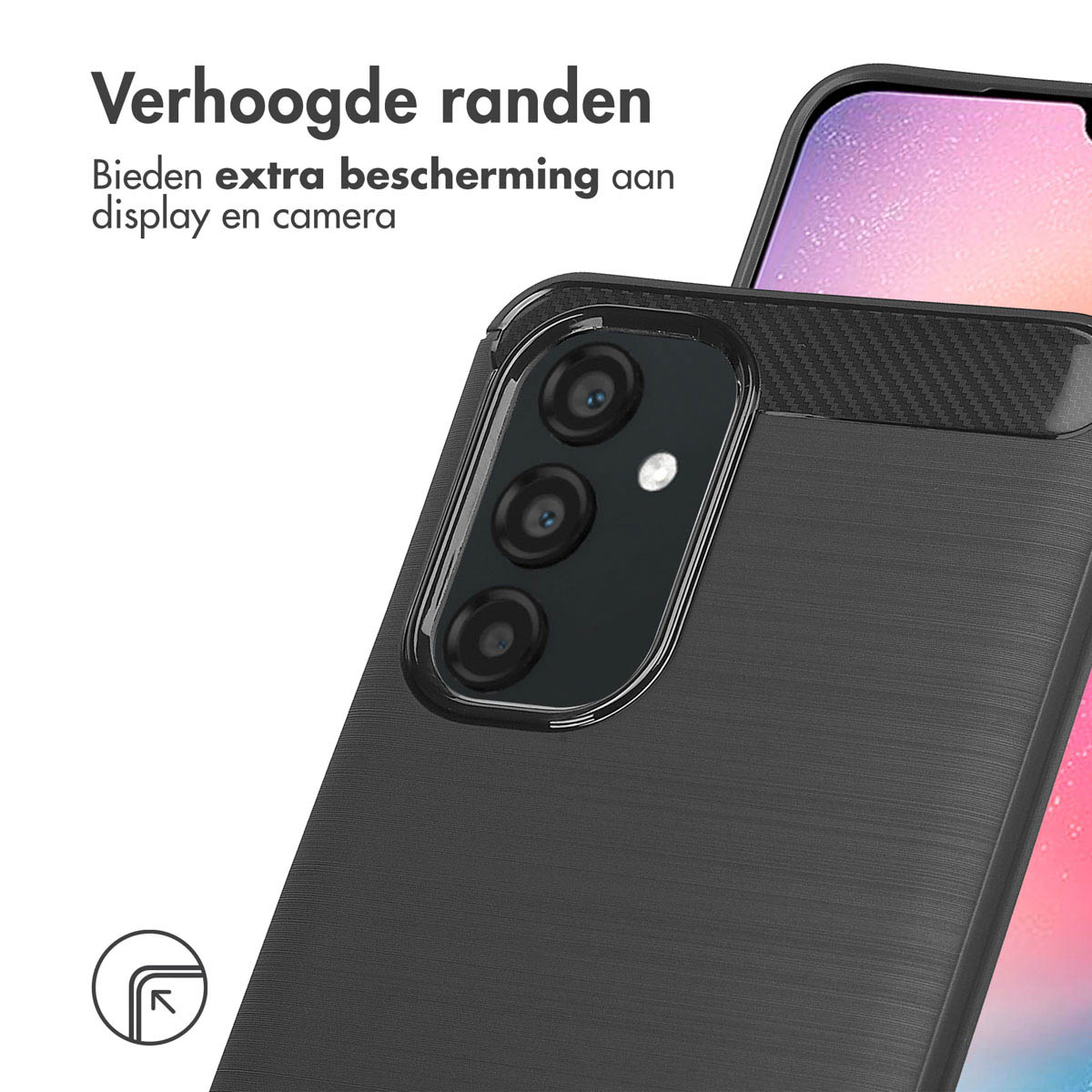 Een zwarte telefoonhoes met een telefoon. De hoes is open en heeft verhoogde randen.