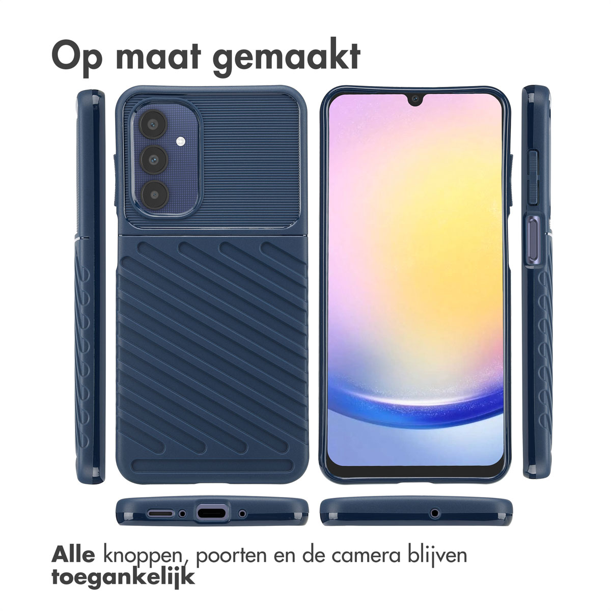 Coque bleue avec téléphone dedans. Texte : Fabriqué sur mesure. Tous les boutons, ports et caméra restent accessibles.