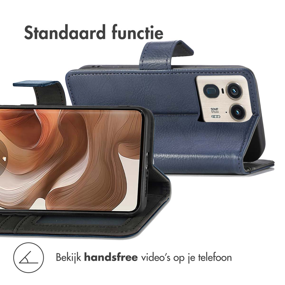 Une coque de téléphone bleue avec un téléphone à l'intérieur qui se redresse pour regarder des vidéos en mains libres.