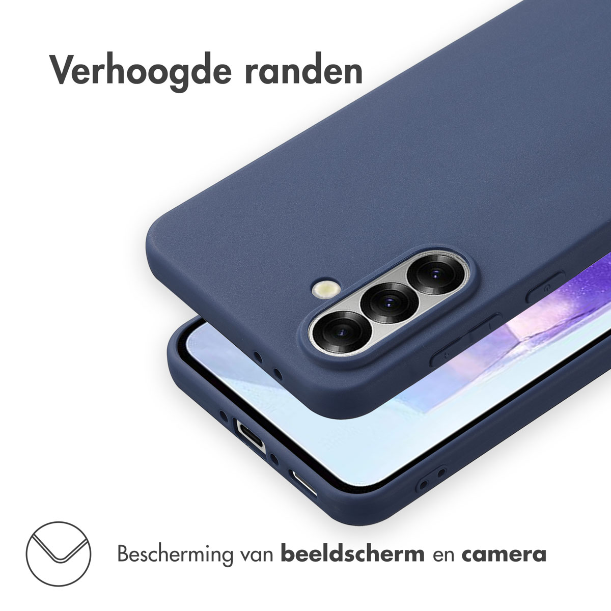 Blauwe telefoonhoes met verhoogde randen. Een telefoon zit in de hoes.