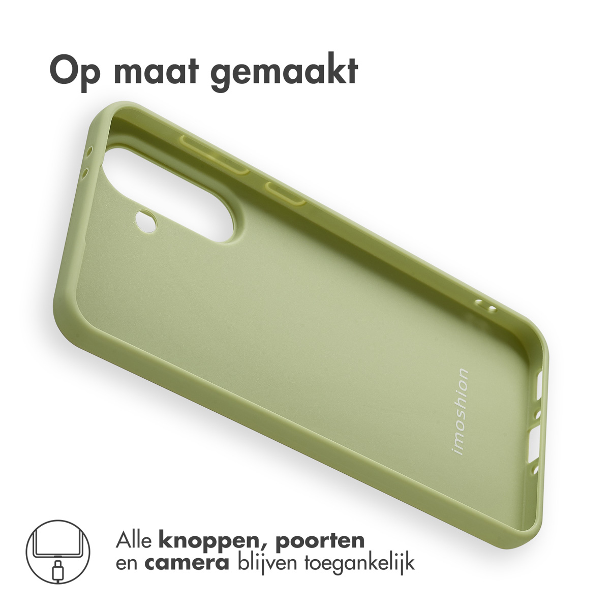 Coque de téléphone verte inclinée avec un téléphone. La coque a une texture douce.