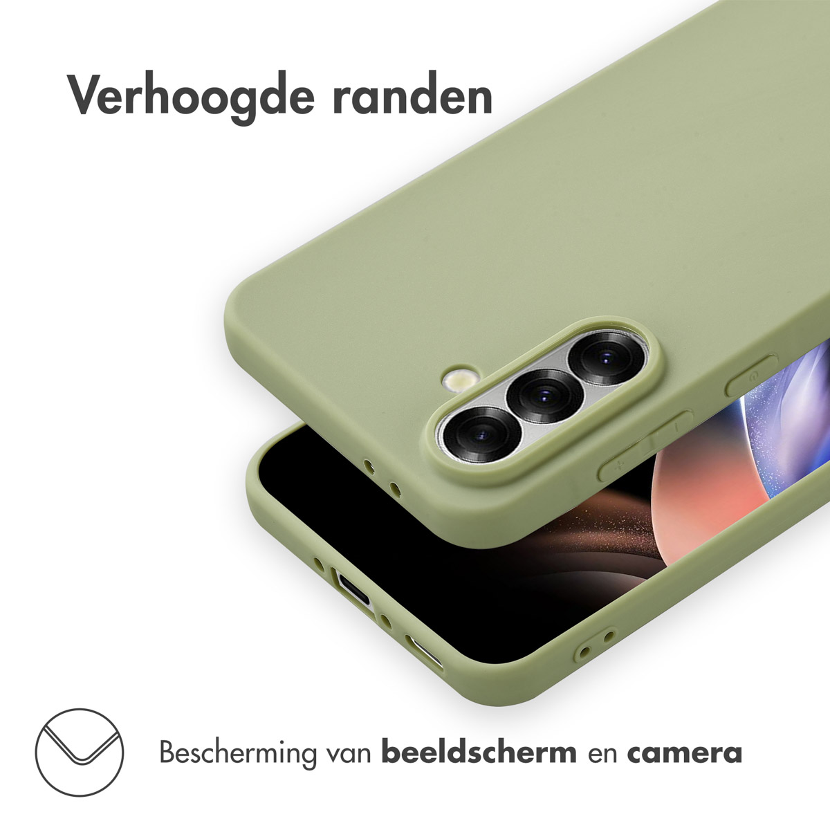 Une coque de téléphone verte protège un téléphone. La coque a des bords surélevés, protégeant l'écran et la caméra.