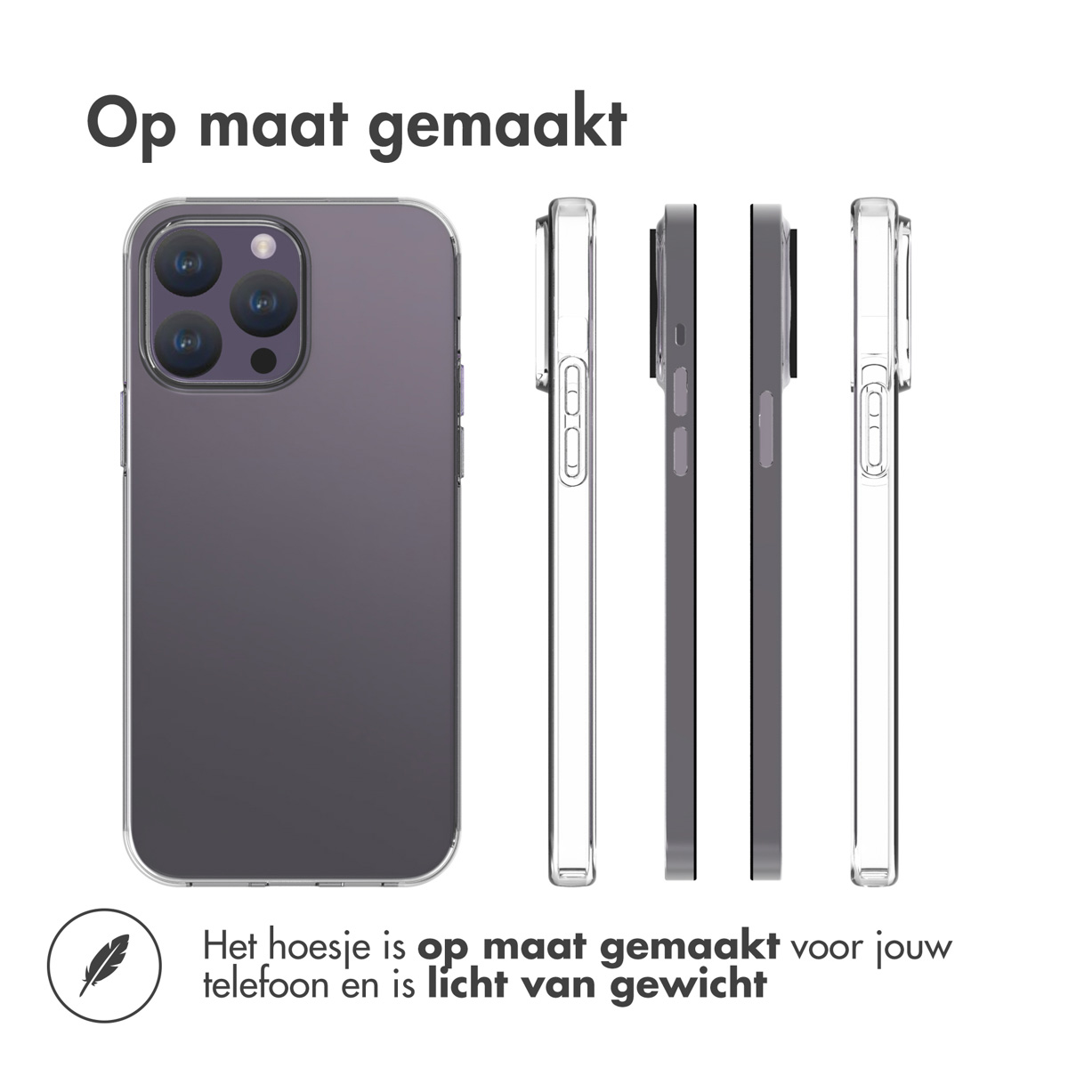 Coque de téléphone sous différents angles. Texte : La coque est sur mesure et légère.
