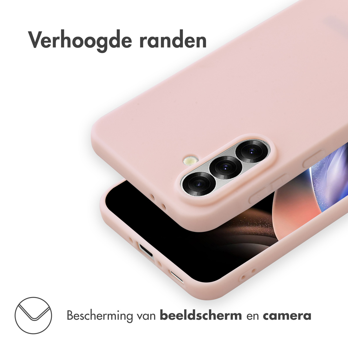 Téléphone avec un étui rose. L'étui a des bords surélevés. Texte : Bescherming van beeldscherm en camera.