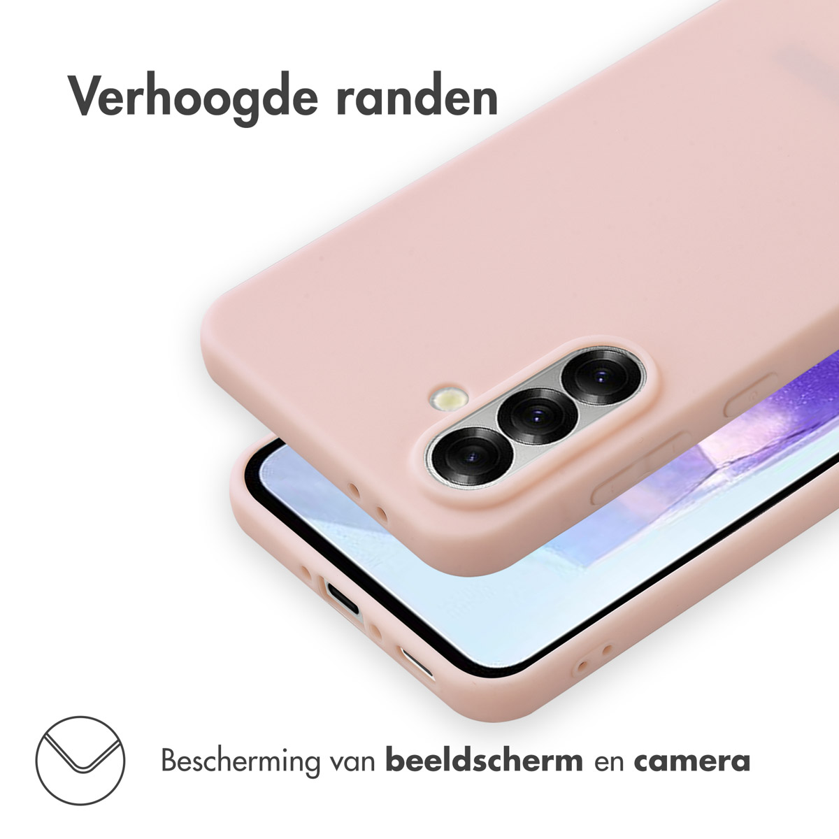Roze telefoonhoesje met een telefoon. De hoes heeft verhoogde randen, die het scherm en de camera beschermen. De hoes zit over een telefoon.