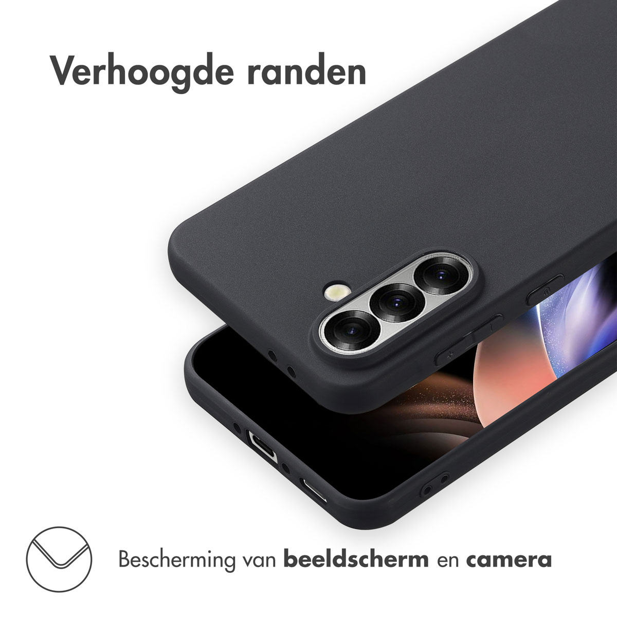 Une coque de téléphone noire avec un téléphone. L'étui est ouvert et a des bords surélevés.
