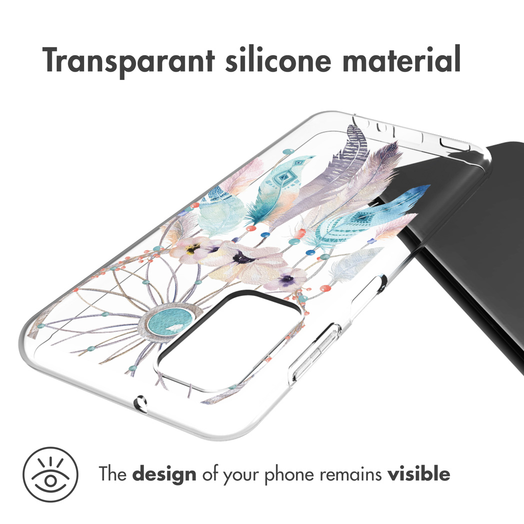 Transparante telefoonhoes met veren design. Telefoon design blijft zichtbaar.
