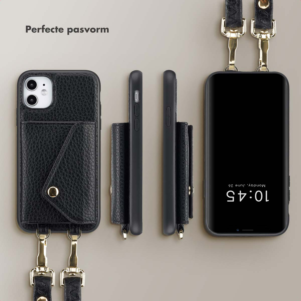 Coque de téléphone avec un design de portefeuille en cuir noir et une sangle.