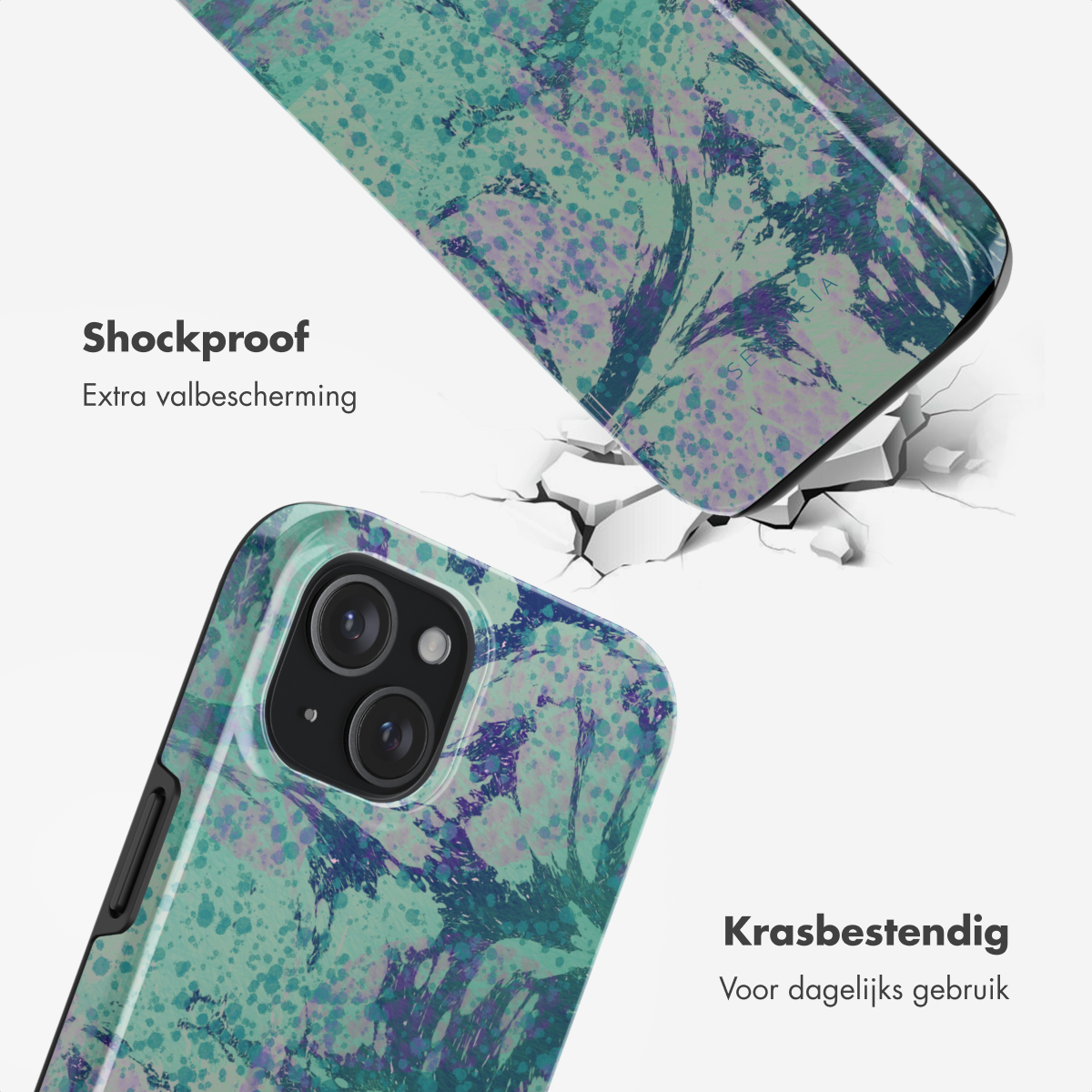 Telefoonhoes met een kleurrijk design en telefoon, met barsten, kapot. Tekst: Schokbestendig. Krasbestendig.