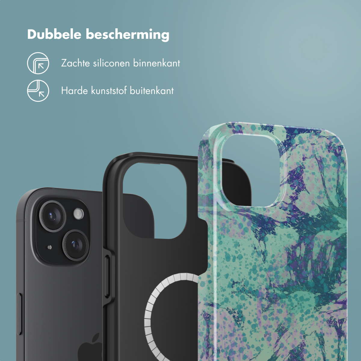 Drie telefoonhoesjes op elkaar gestapeld. Tekst: Dubbele bescherming met zachte siliconen en hard plastic.