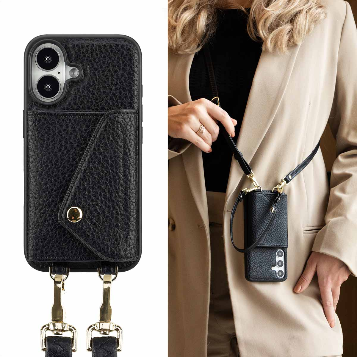 Zwarte leren telefoonhoes met een riem. Twee telefoons met hoesjes worden getoond.