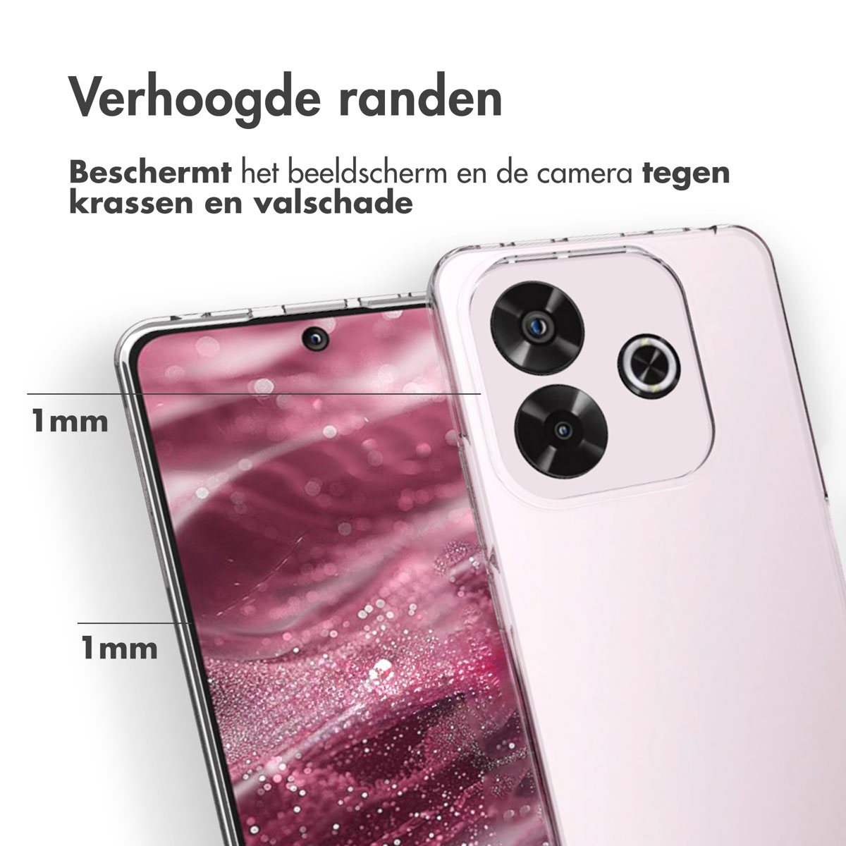 Telefono con custodia trasparente. La custodia ha bordi rialzati, che proteggono lo schermo e la fotocamera. C'è uno spazio di 1 mm attorno allo schermo.