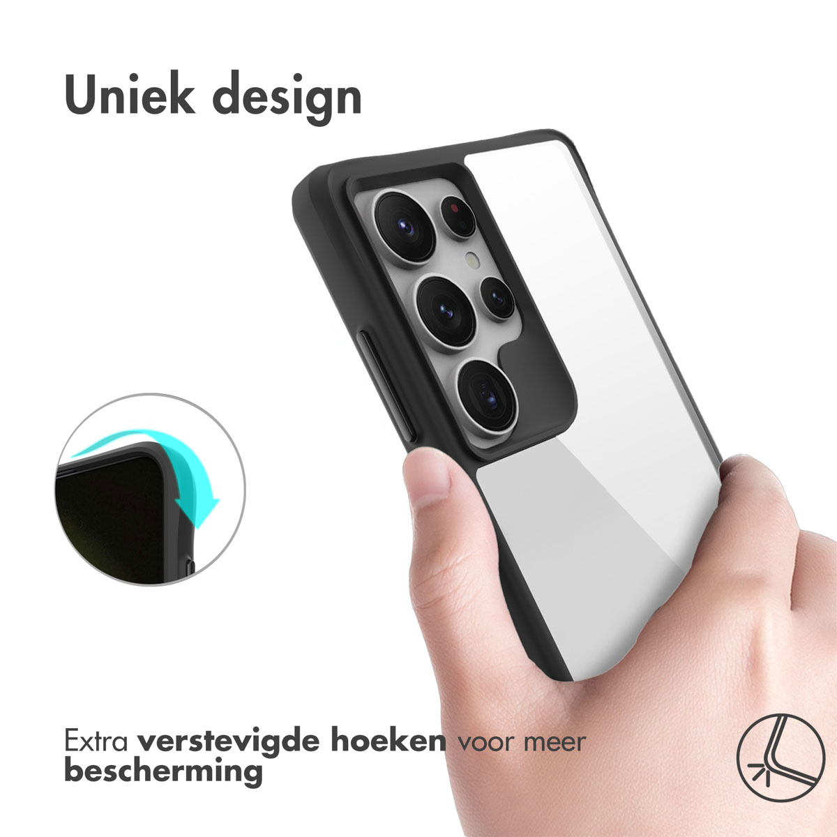 Telefono con custodia nera, tenuto in mano. Testo: 'Uniek design'. Il telefono ha una fotocamera.