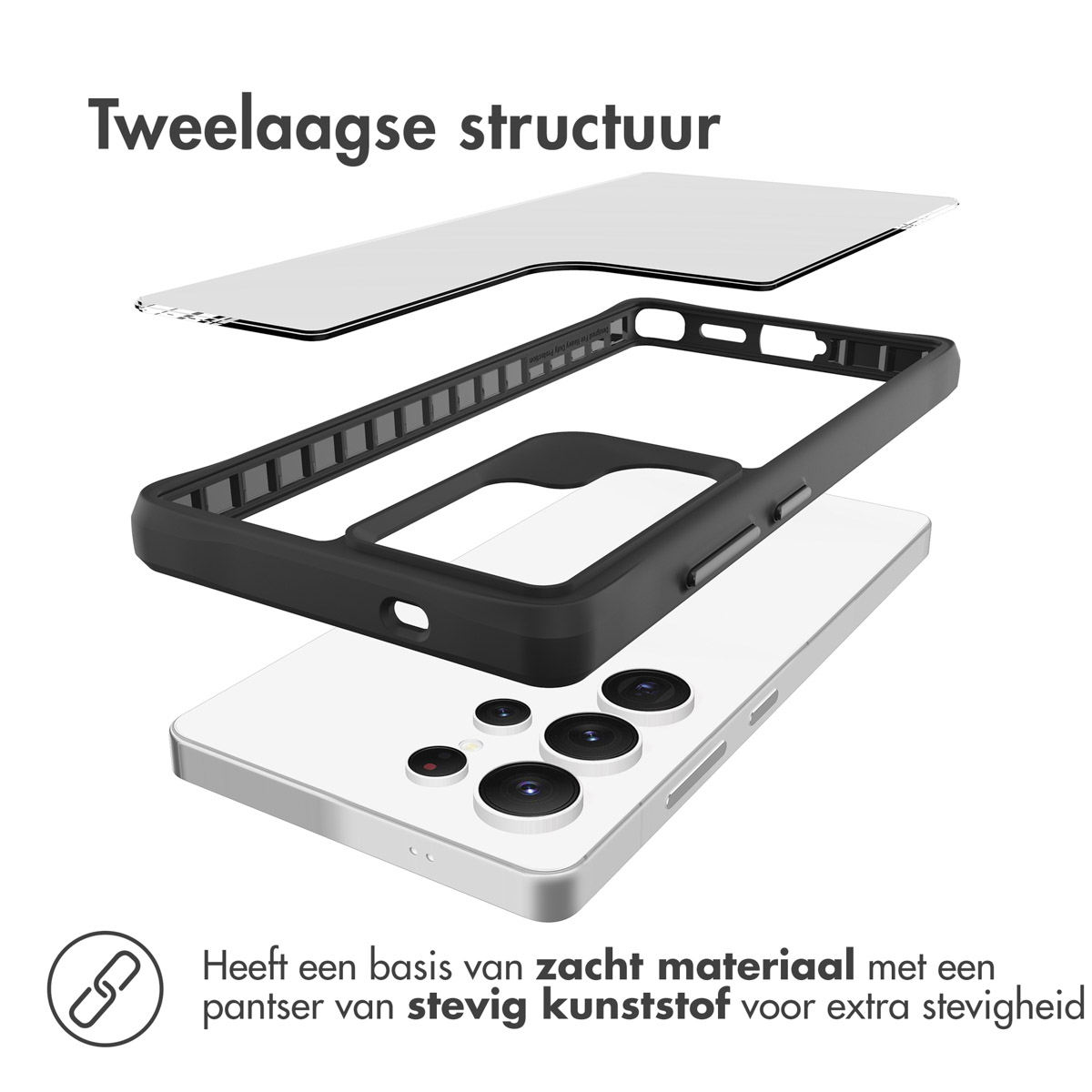Custodia per telefono con struttura a due strati. Base in materiale morbido con armatura in plastica resistente.