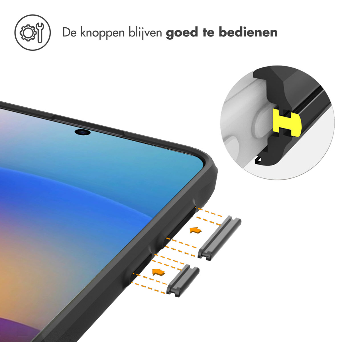 Telefoonhoes met knopdetails en zijknoppen. Toont het mechanisme van de knop. De telefoon is zichtbaar.
