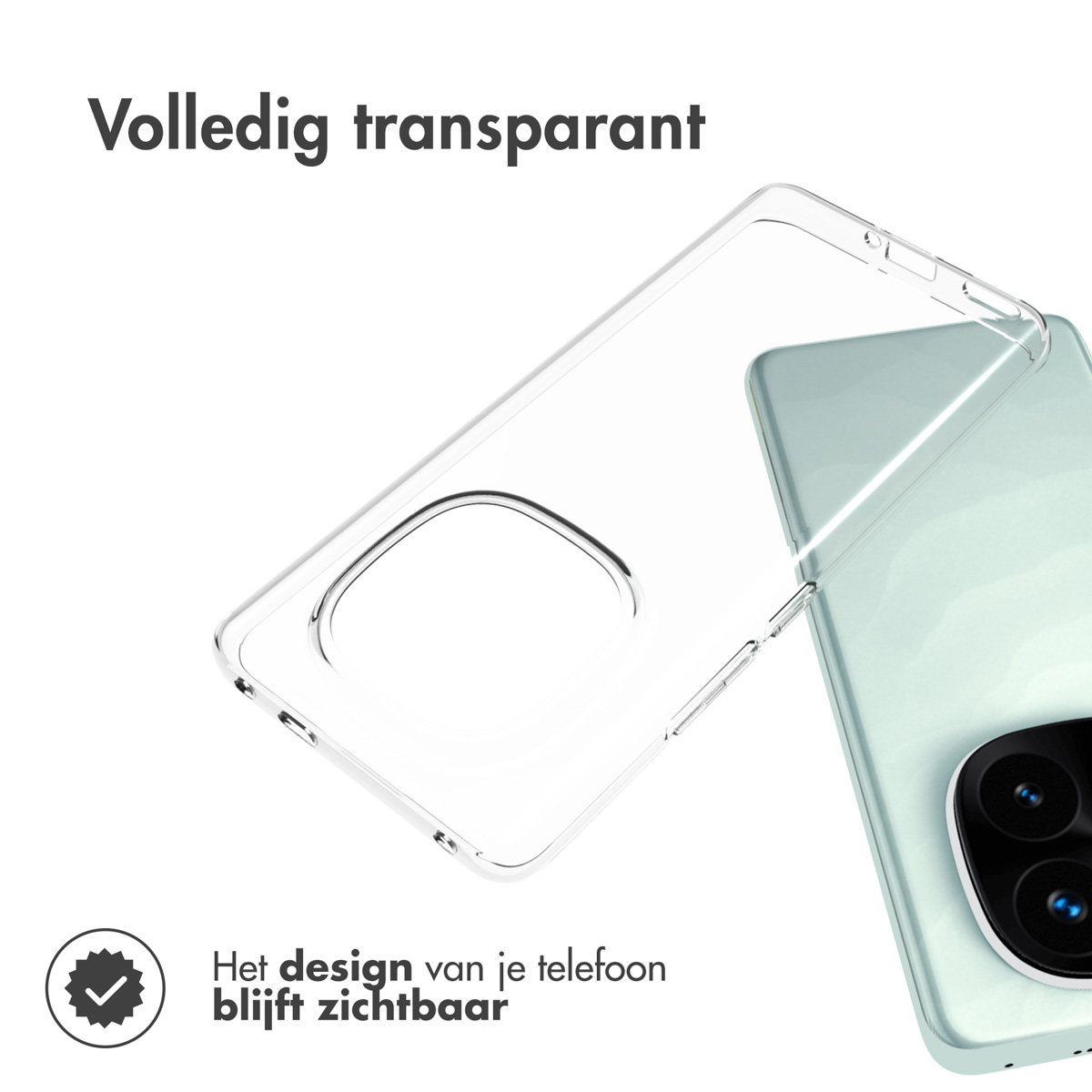 Una custodia trasparente su un telefono con retro verde chiaro. La custodia è angolata.