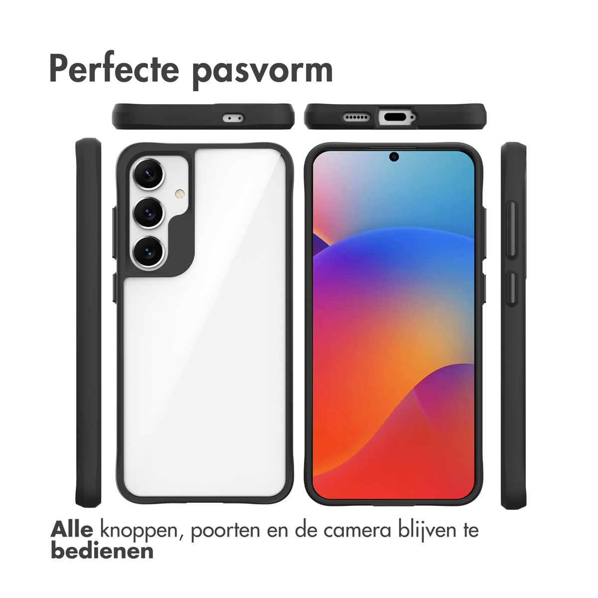 Zwarte telefoonhoes met een doorzichtige achterkant. De telefoon staat in het midden. De achterkant is doorzichtig.