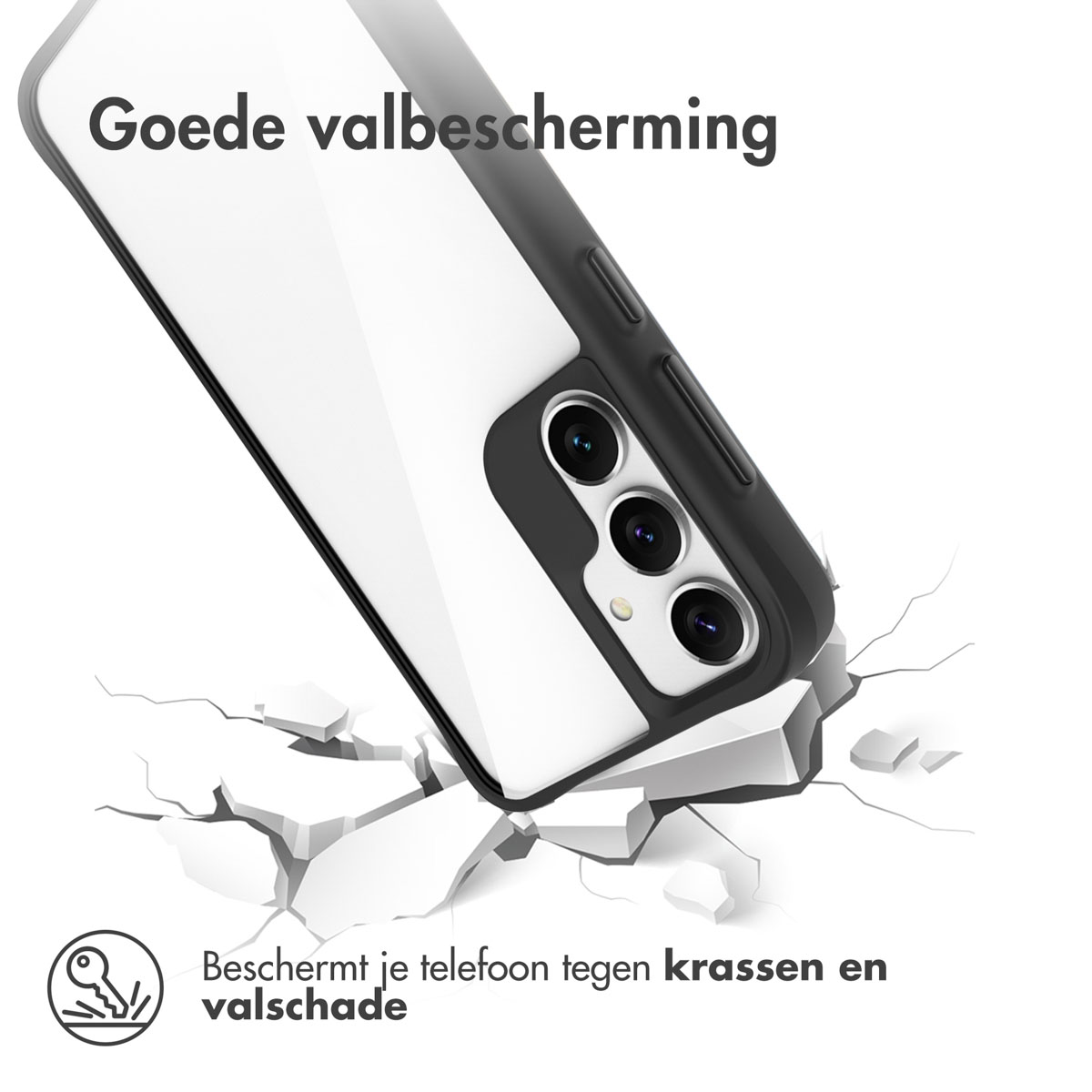 Telefoonhoes over gebarsten oppervlak. Tekst: Beschermt je telefoon tegen krassen en valschade.