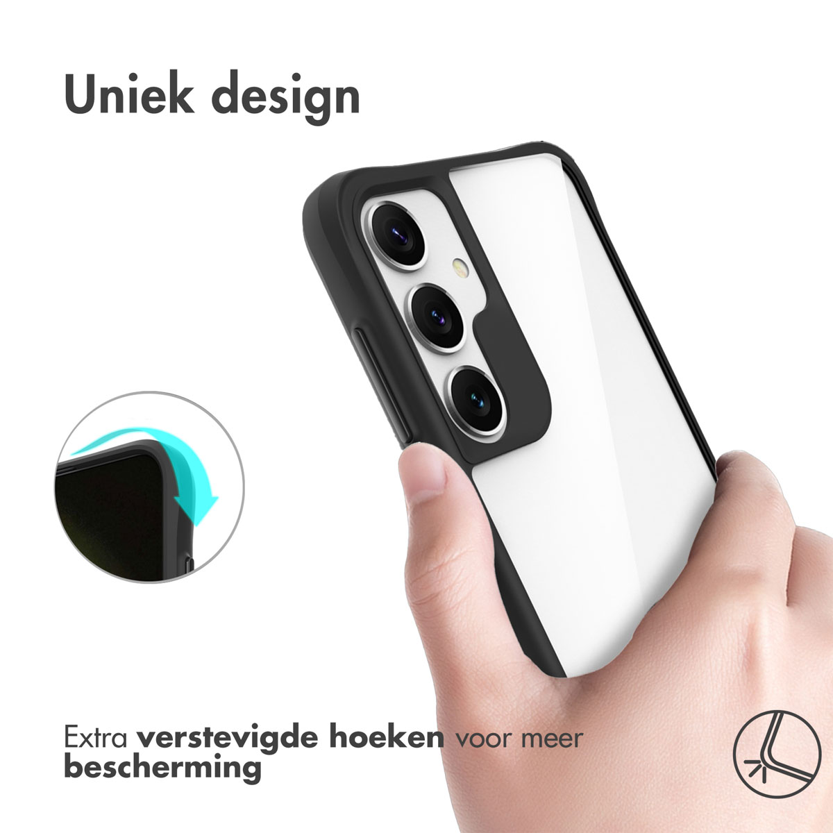 Zwarte telefoonhoes met een witte telefoon. Zwart frame. Hand vasthoudt.