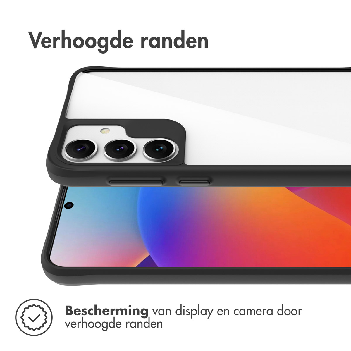 Een telefoon met een zwart hoesje, verhoogde randen die het scherm en de camera beschermen.