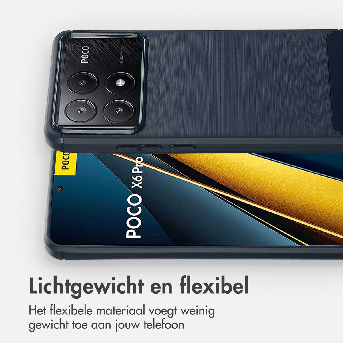 Custodia per telefono blu scuro con telefono all'interno, sfondo bianco. Testo: 'POCO X6 Pro', 'Lichtgewicht en flexibel'.