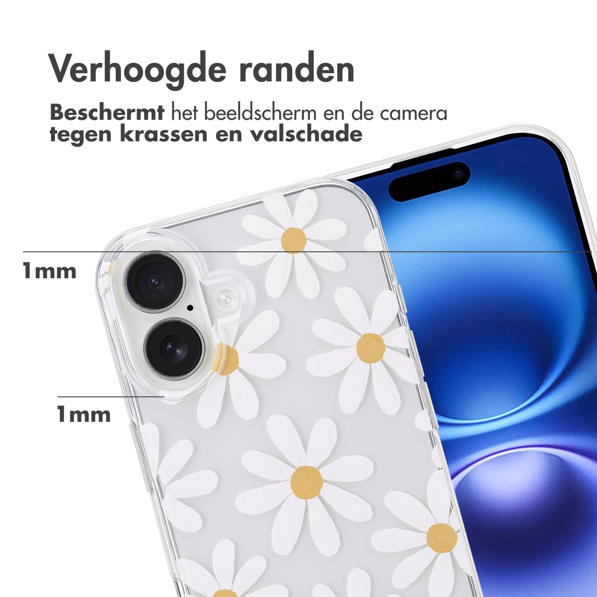 Telefoonhoesje met witte madeliefbloemen en verhoogde randen voor scherm- en camerabescherming.