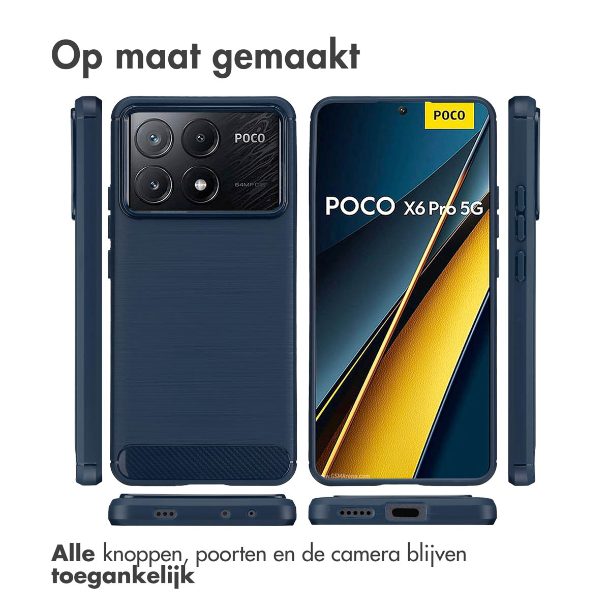 Multiple viste di una custodia blu per telefono. La custodia è su una superficie bianca.
