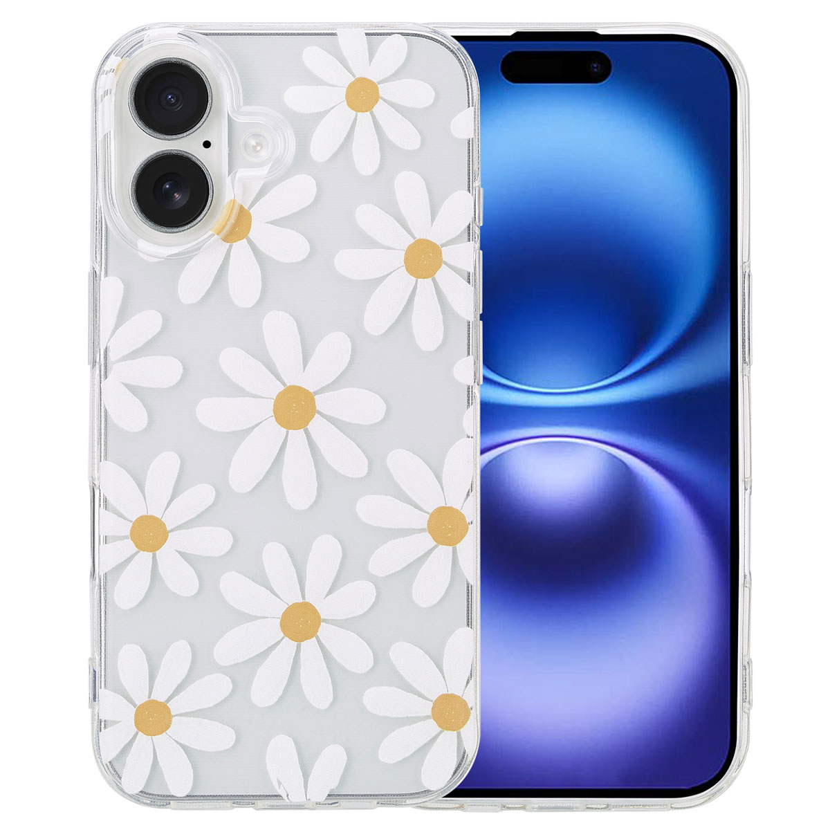 Een telefoonhoesje met witte madeliefjes op een doorzichtige achtergrond. Een telefoon is zichtbaar in de hoes.