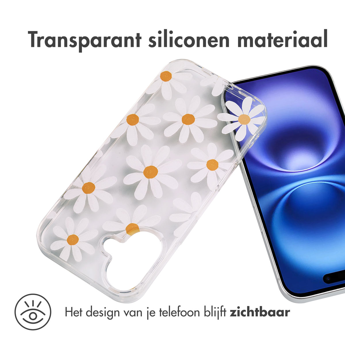 Transparante telefoonhoes met madeliefpatroon op een telefoon. Tekst: Transparant siliconen materiaal.