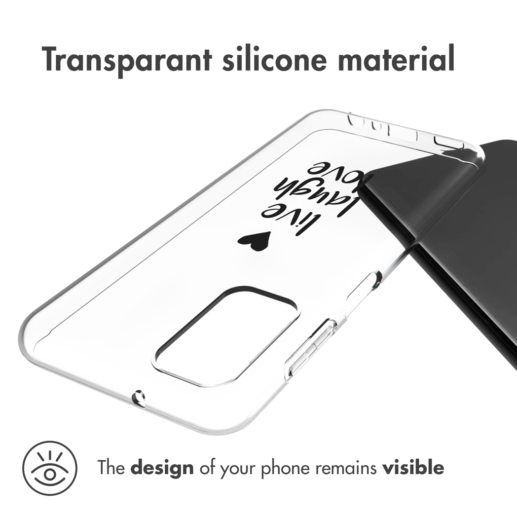 Transparante telefoonhoes met de tekst "Live Laugh Love". Telefoon design blijft zichtbaar.